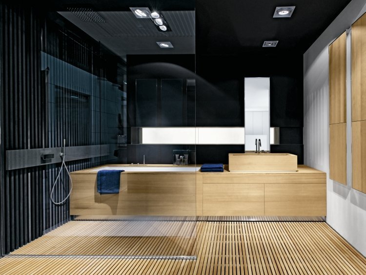 Kúpelňový nábytok vyrobený z dreva-podlaha-drevené lamely-umývadlo-skrinka-drez-sklo