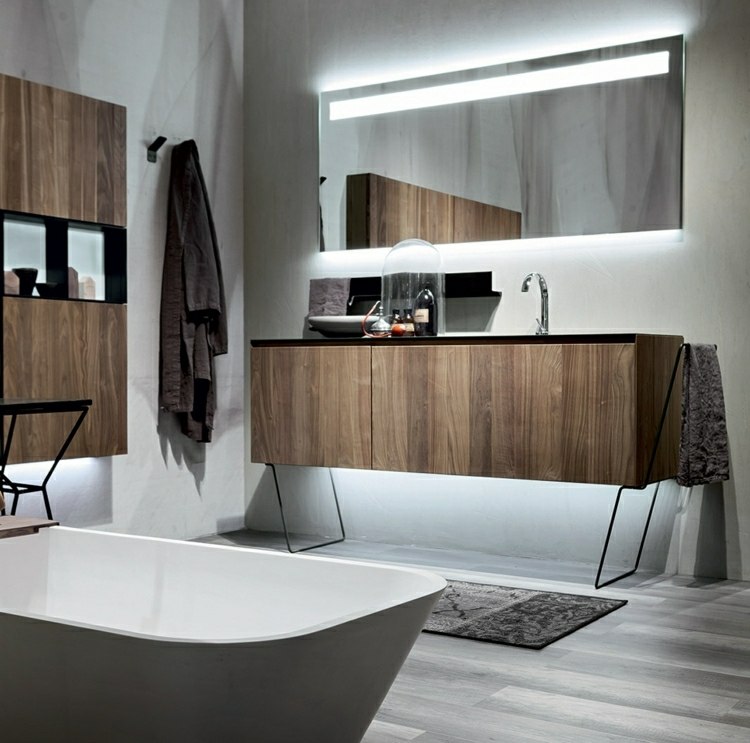 Drevená spodná skrinka a zrkadlo s LED osvetlením Nábytok do kúpeľne, drevené nástenné zrkadlo s voľne stojacou vaňou