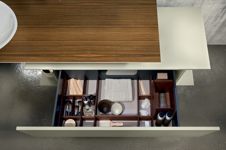 Drevené umývadlo so zásuvkami ponúka úložný priestor pre kúpeľňové doplnky Kúpelňový nábytok Drevená nástenná skrinka Zásuvkový rozdeľovač