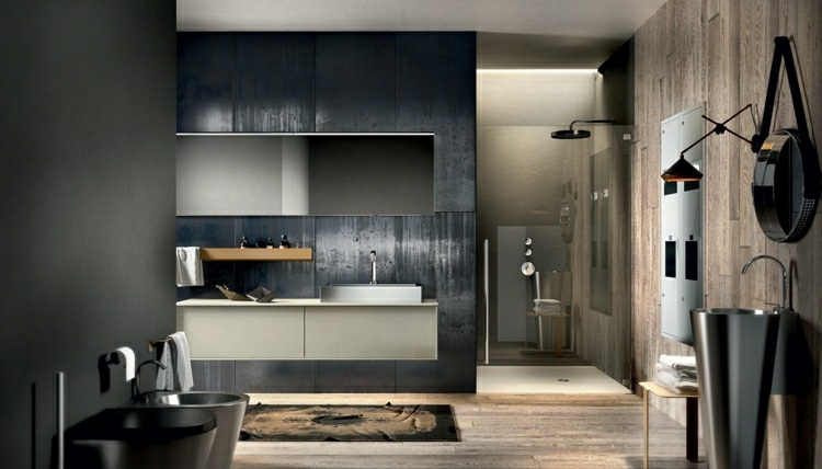 Navrhnite modernú kúpeľňu - omietkovú stenu v tmavosivej farbe Kúpelňový nábytok drevená zrkadlová skrinka na stenu