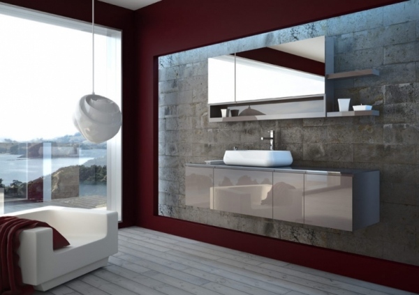 nápady do kúpeľne regia niky vínovo červená stena pohľadový betón vysoký lesk