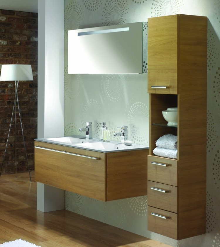 kúpeľňový nábytok pre malé kúpeľne umývadlo plávajúci efekt policové drevené parkety