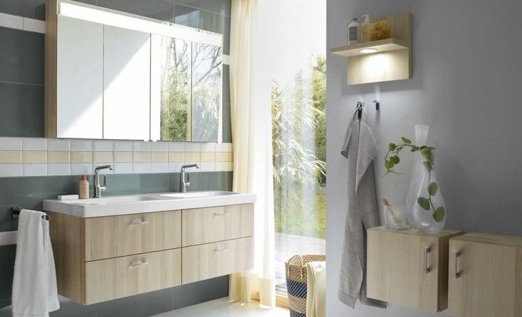 Dvojumývadlo s drevenou spodnou skrinkou a zrkadlovou skrinkou s osvetlením zostava kúpeľňového nábytku-dvojumývadlo-drevo-zrkadlová skrinka-osvetlenie-AQUA-Burgbad