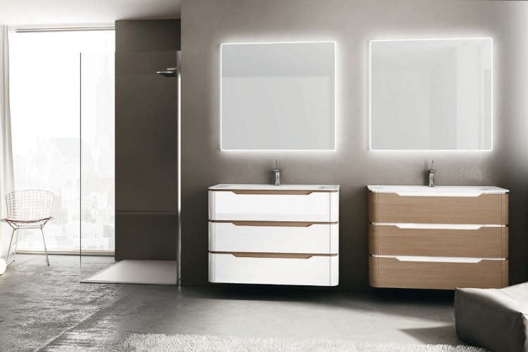 Zostava kúpeľňového nábytku so spodnou skrinkou a zrkadlom s podsvietením zostava do kúpelne-zostava-dvojumývadlo-biele-oddelené drevom-STRATO-Isa-Bagno