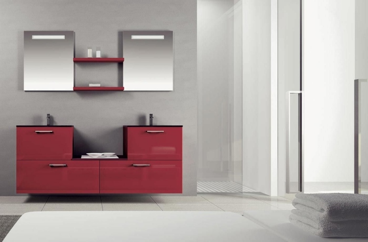 Umývadlo s dištanciou a červenými prednými časťami skriniek vo vysokom lesku súprava kúpeľňového nábytku-dvojumývadlo-červená-s vysokým leskom-SIMPLY-13-altamarea