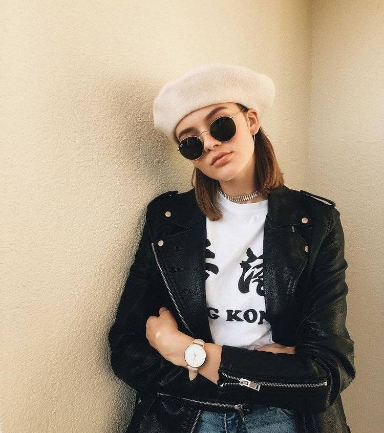 baretový klobúk v štýle krémovej farby skalnatej koženej bundy