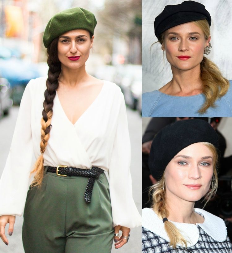 baretka čiapka účes pigtail bokom