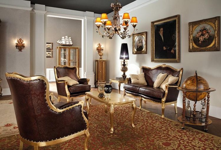 Barokový nábytok zlatý stôl s koženým čalúnením