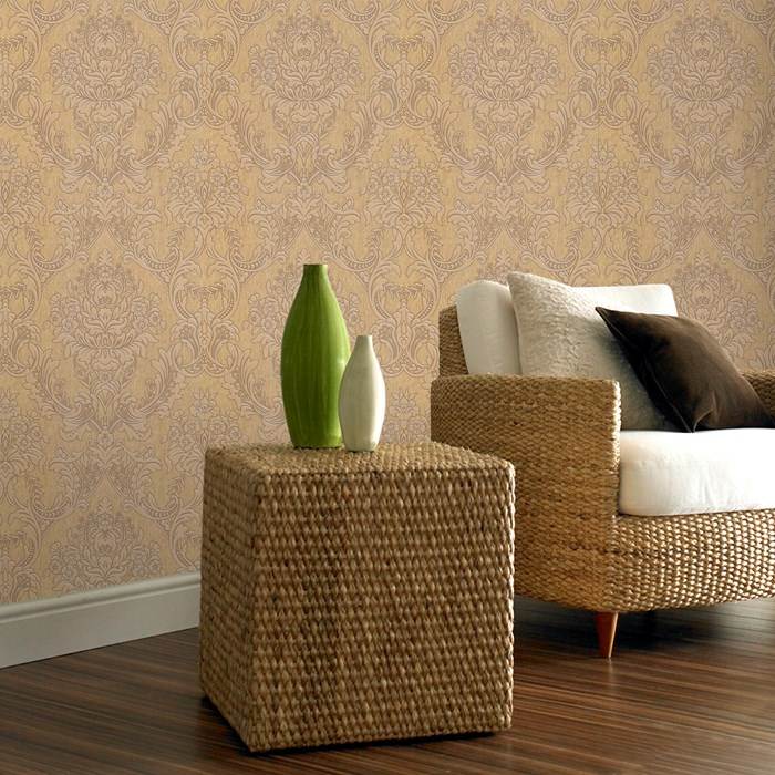 Baroková tapeta na stenu v obývačke vo vidieckom štýle Tapetový ratanový kreslo s oranžovým vzorom