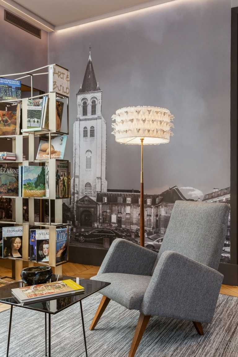 Steny vyzdobené realistickými fotografiami z Paríža barokový-stretáva-moderný-paríž-čítanie-rohový-foto-tapetový-regál-zvislý