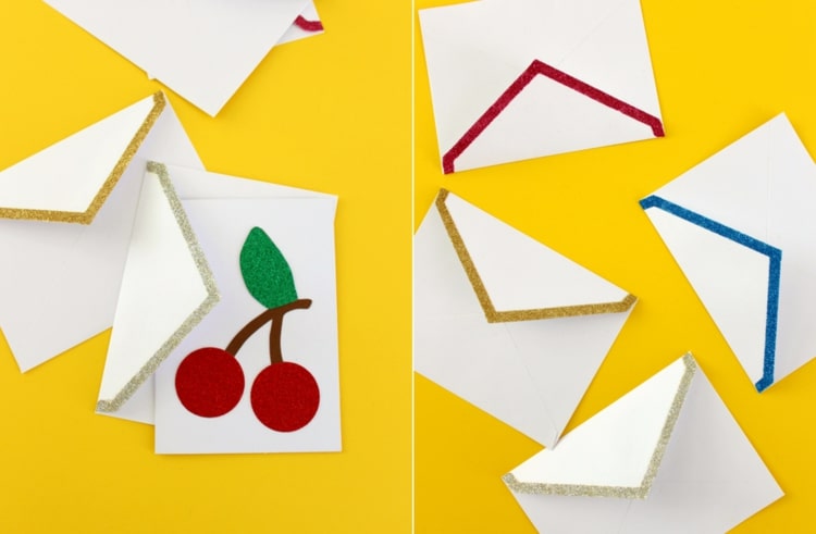 Obálky ako remeselné nápady pre záhradné párty s trblietkami na pozvánkach