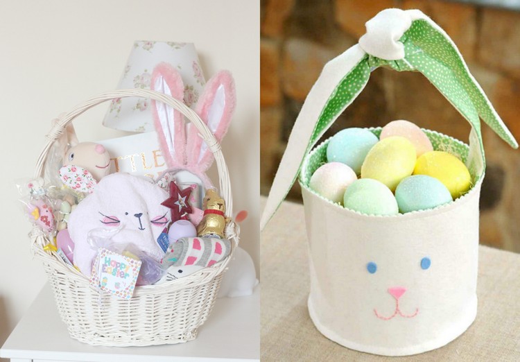 biely košík s detskými vecami a plyšovými hračkami a veľkonočný košík z bieleho filcu Remeselné nápady na veľkonočný veľkonočný košík-deti-bielo-maľované-plsť-látka-ušité