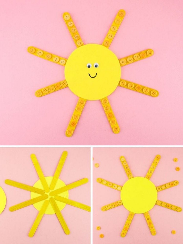 Remeselné nápady pre predškolské deti slnko vyrobené z drevených úchytiek a gombíkov