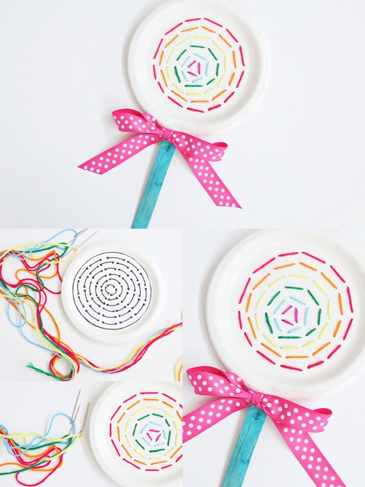 Vytvorte lízanky z papierových tanierov a šijacej nite so 6 -ročnými deťmi