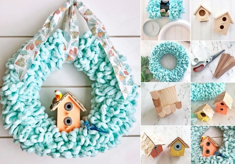 Jarné nápady remesiel pre dospelých - jarný veniec so svetlo modrou mimo háčikovej vlny a vtáčieho domu