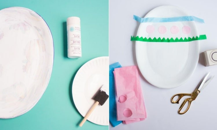 Servírovací tanier natrieme akrylovou farbou a ozdobíme hodvábnym papierom a Mod Podge