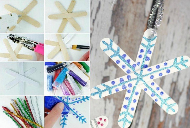 Vyrobte snehové vločky a ozdobte ich trblietkami ručné práce-vianočné-deti-návod-snehové vločky-zmrzlinové tyčinky-trblietky