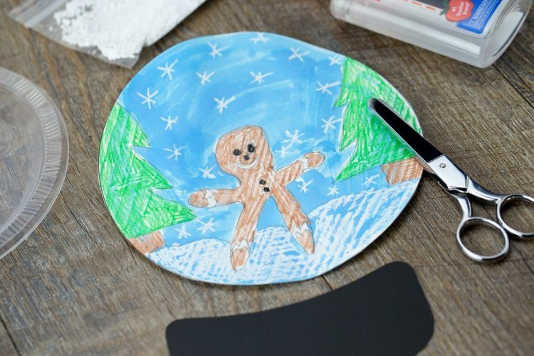 drotár snehová guľa so 4 -ročnými deťmi vianočný obraz maľba zimná krajina