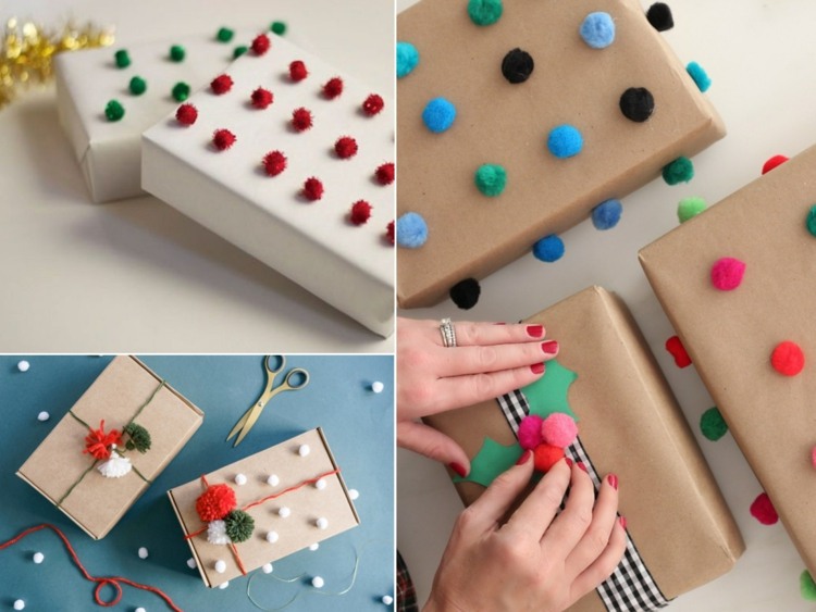Ručné práce s pomponmi - balenie darčekov s bodkovaným vzorom farebných pomponov