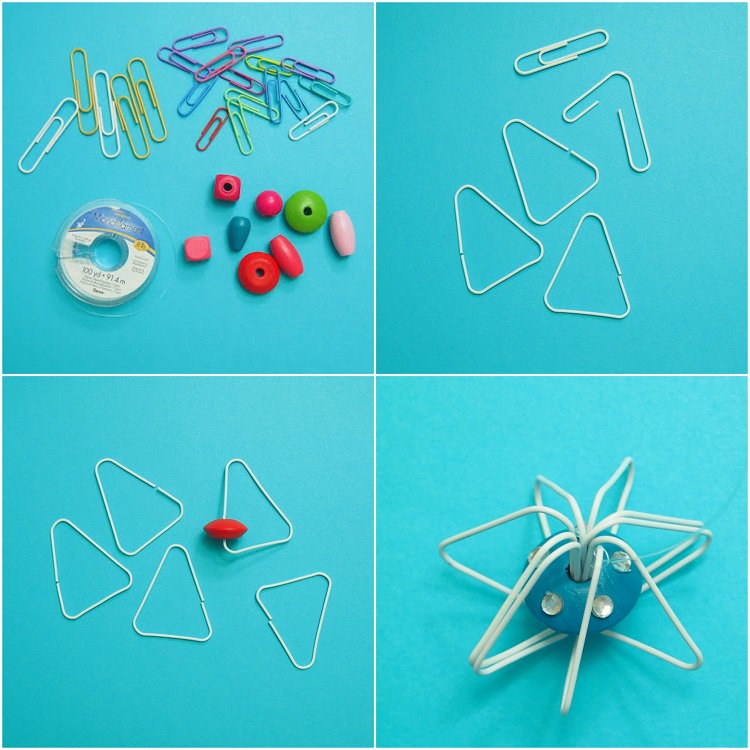 Vyrobte geometrické ozdoby na vianočný stromček z kancelárskych sponiek a drevených korálikov