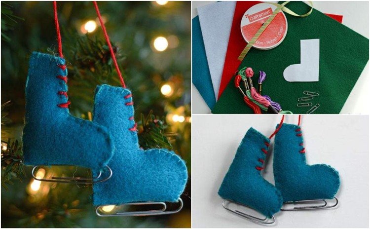 Prívesky na vianočný stromček s deťmi vyrábajú korčule z plsti a kancelárskych sponiek