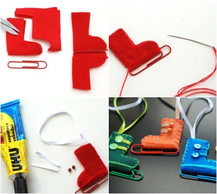 Remeslá na vianočné korčule vyrobené z filcu a kancelárskych sponiek