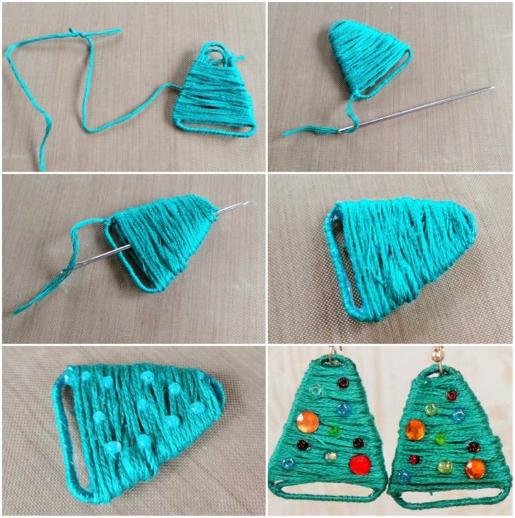 Náušnice na vianočný stromček zo sponiek, návod, ozdobené štrasom a perlami