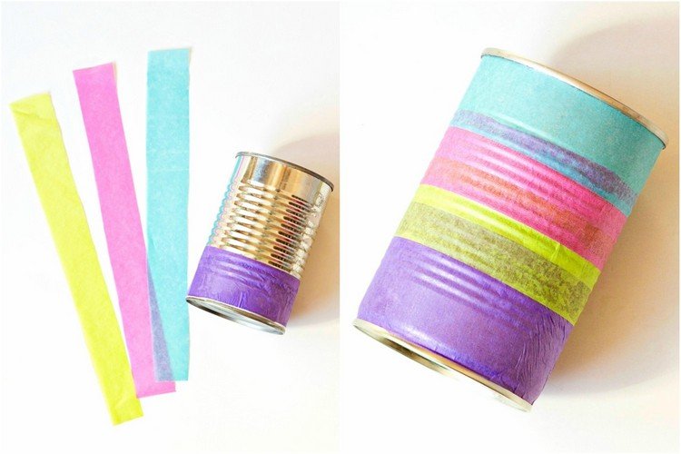 prázdne plechovky od jedla zdobia návod na hodvábny papier, pohrávajú sa s plechovkami