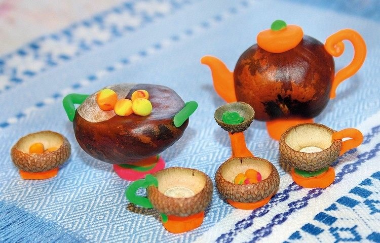 Tinker-žalude-gaštany-fimo-čajové jedlá-rozprávková záhrada