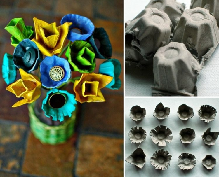 drotár s vajíčkom kartón váza na kvety-umelé kvety-nápady