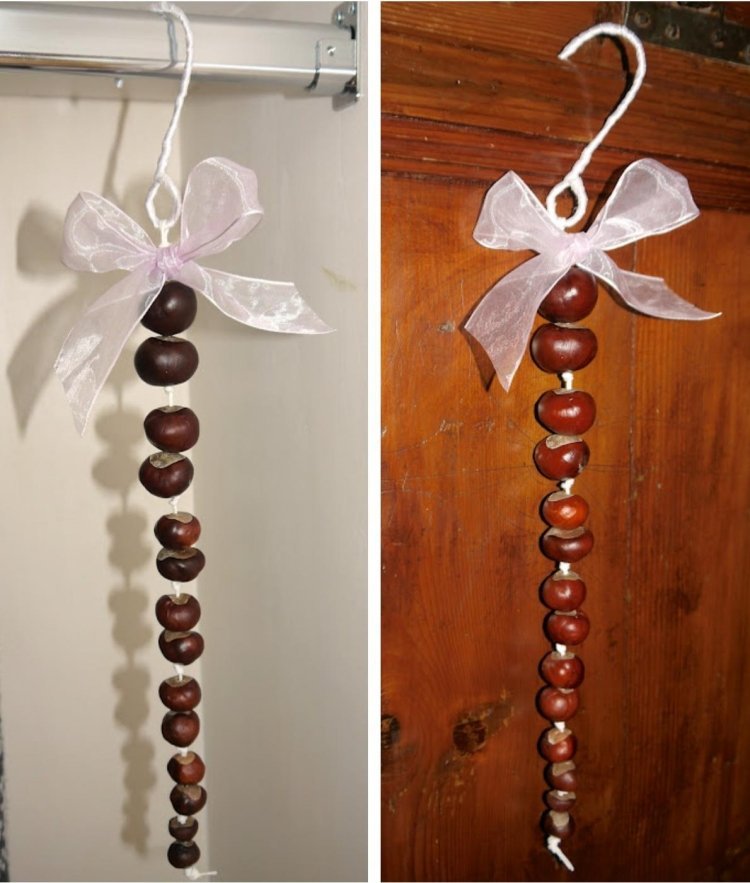 Ručné práce s gaštanmi-jesenná dekorácia-veniec-stužka-ružová-háčik-šatník-proti moliam