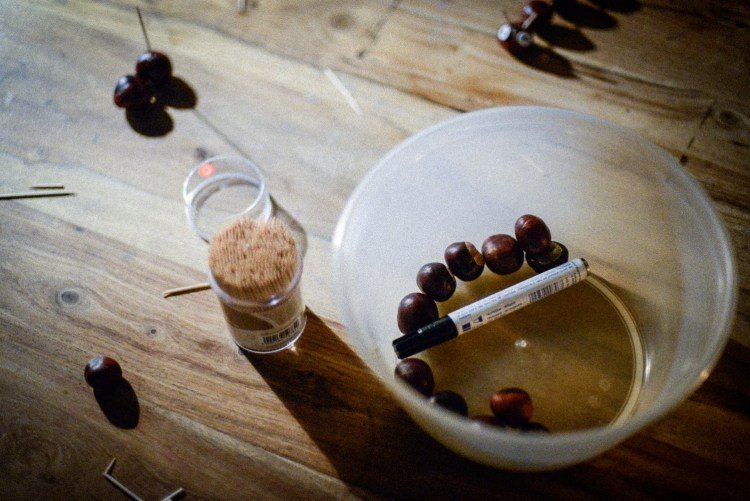 drotár-gaštan-jesenná dekorácia-kutilstvo-deti-materiály-fixky na špáradlá