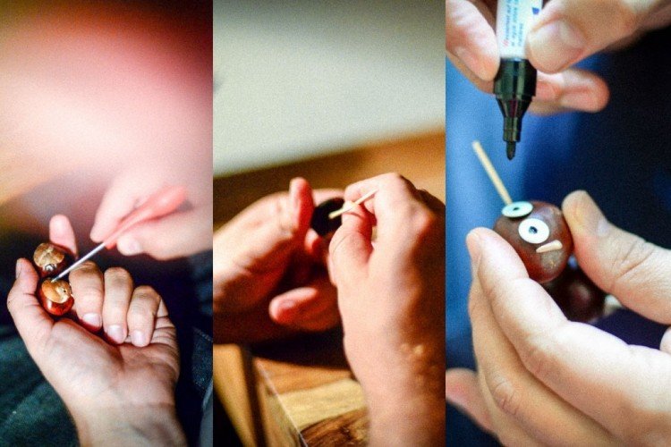 drotár-gaštan-jesenná dekorácia-zvieratá-kutilstvo-deti-diery-fixky na oči