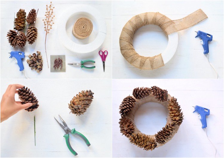 drotársko-borovicové šišky-veniec-jesenná-jutová stuha