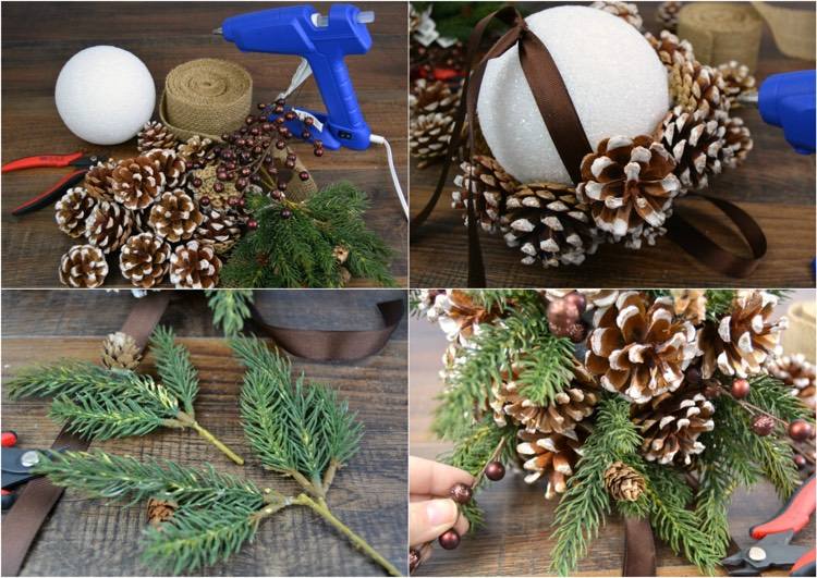 drotársko-borovicové šišky-polystyrénová guľa-návod