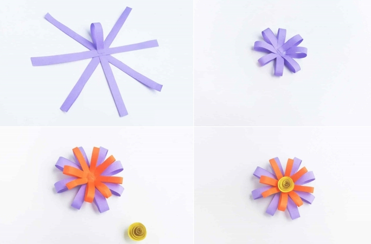 Ručné práce s deťmi na jar a vlastnoručná výroba kvetov z papiera z papierových pásikov ako nápad do škôlky