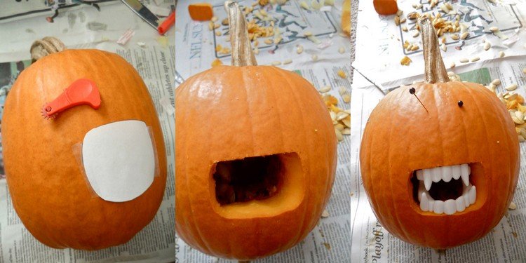 Vyrobte si strašidelné halloweenske tekvice sami Ručné práce s tekvicami vyrezávajú-upírske zuby-špendlíky-oči
