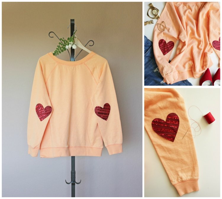 Remeslá s koženými srdiečkami-flitrami-rukávy-červená-šijacia-oranžová-blúzka