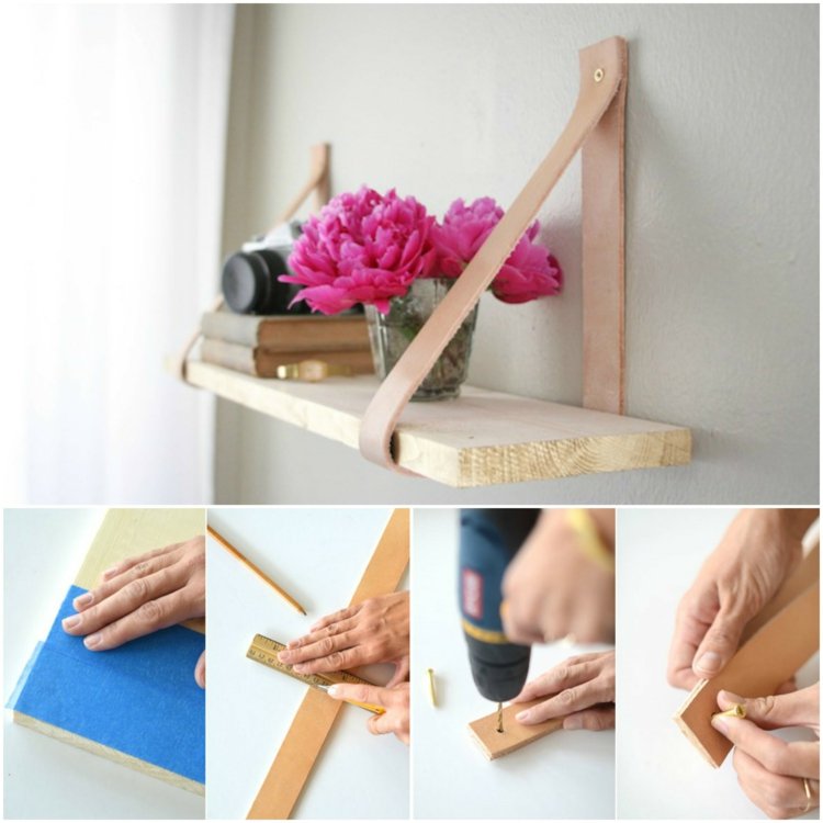 drotár-s-koženou poličkou-drevené-kožené-pásy-béžové-vŕtanie-upevnenie