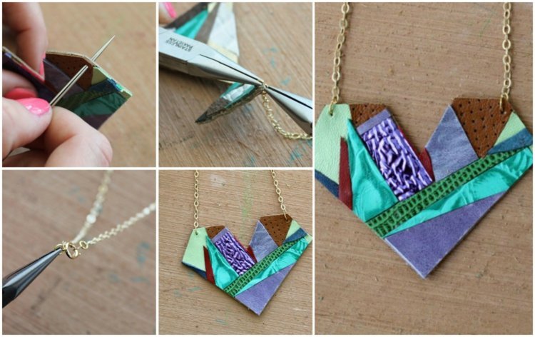 drotár-s-kožou-náhrdelník-farebné-zvyšky-kože-vŕtanie-zlatá reťaz