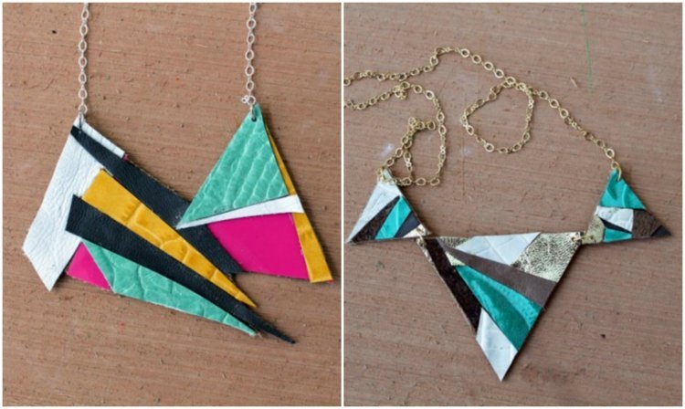 drotár-s-kožou-náhrdelník-šperky-farebné-kúsky-kože-geometrický-zlato-strieborná-retiazka