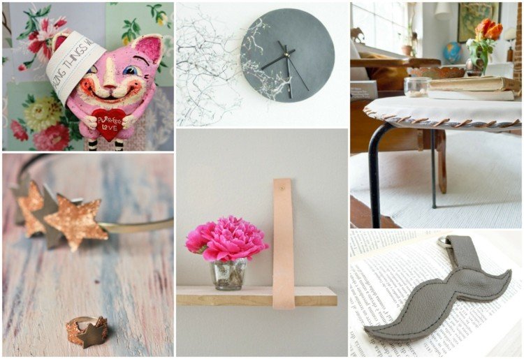 Remeselné výrobky s koženým bielym náramkom-zlato-hnedým-čelenkou-drevenou poličkou-fúzom-držiakom na kľúče-nástennou stoličkou