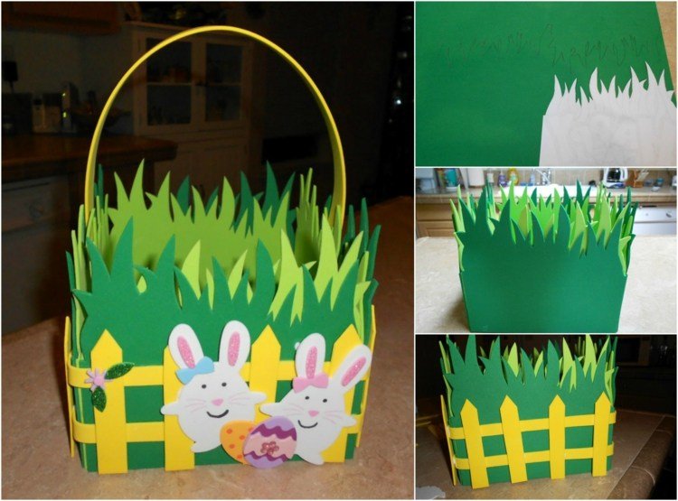Ručné práce a penová guma drotárska myšlienka-deti-veľkonočný kôš-veľkonočný zajačik-návod-zeleno-žltá