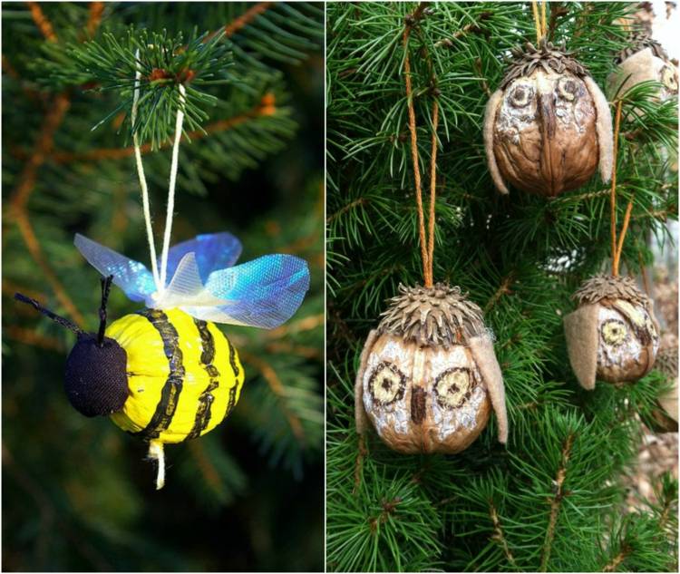 drotár-prírodný-materiál-vlašské orechy-celé-sovy-včelie-krídlo-pruhy-žltá-čierna-tkanina