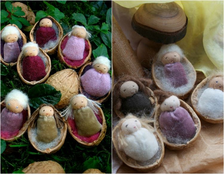 drotár-prírodný materiál-bábiky kolíska-vata-bábiky-polovičky vlašských orechov-tkanina-plsť