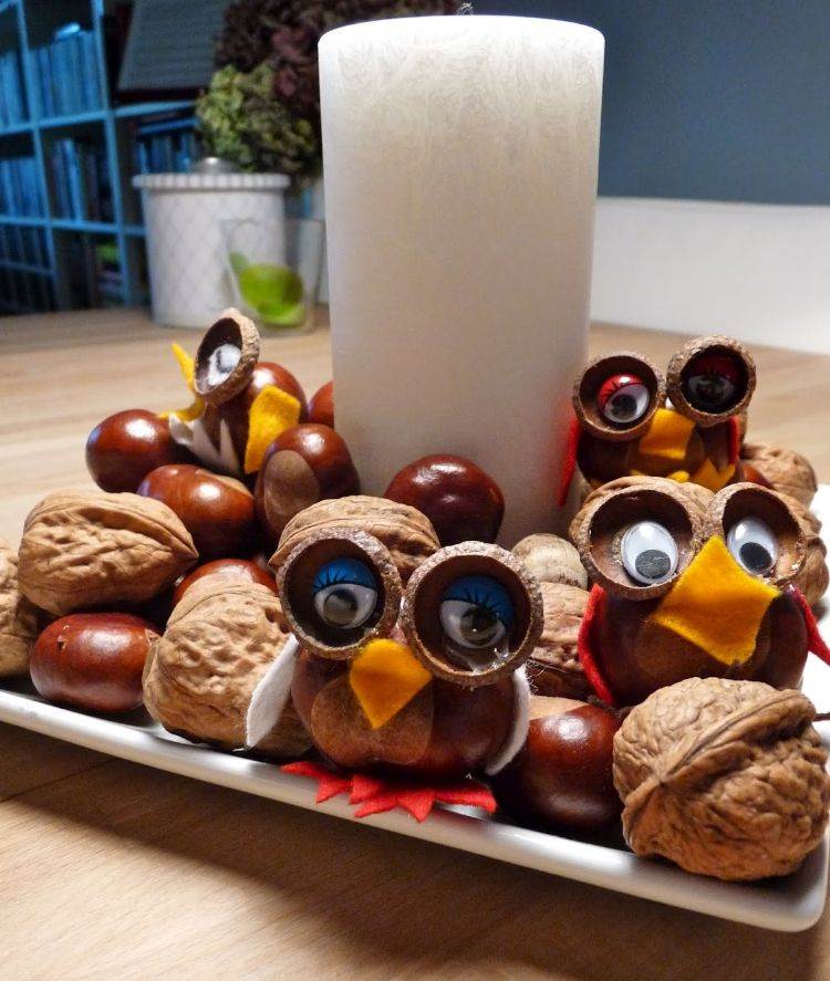drotárstvo-prírodný materiál-gaštany-vlašské orechy-krútiť-očami-plsť-sova-stĺpik-sviečky-dekoračné taniere