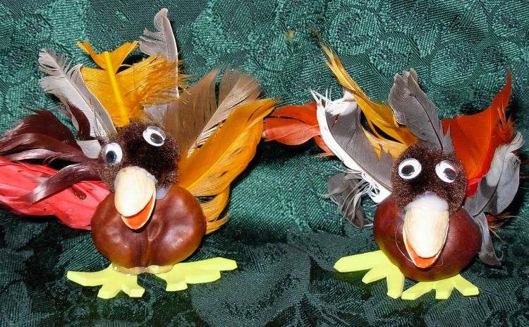 drotár-prírodný materiál-vtáky-pierko-farebné-gaštany-pistáciové šupky-pompon-krútiť-očami-plsť