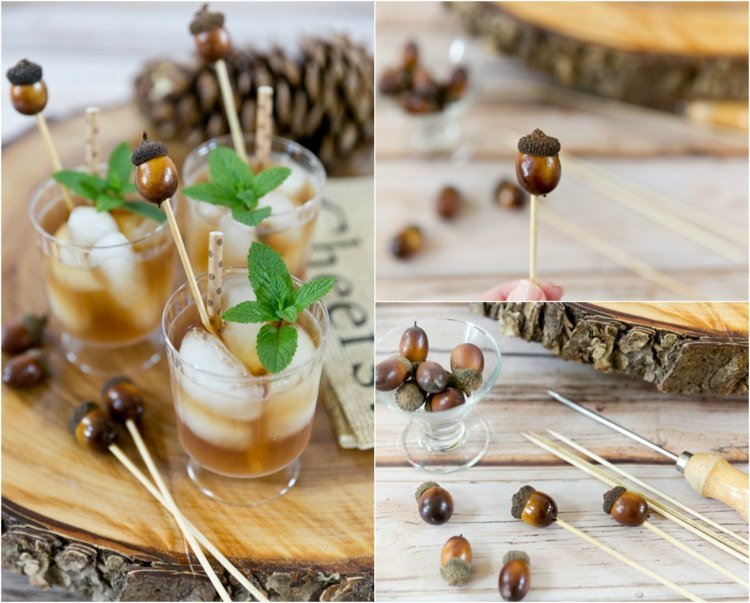 drotárstvo-prírodný materiál-miešadlo-koktail-žaluď-drevené špajle-nástroje-mäta-ľadová kocka-kužeľové okuliare