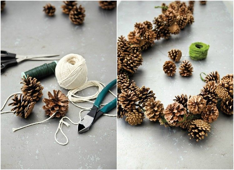 vyrobte si vianočné ozdoby sami prírodný materiál drotár šišky girlanda