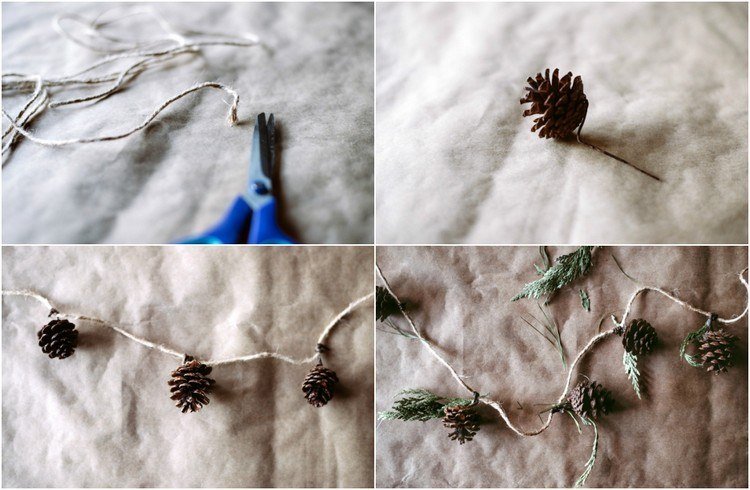 drotárska girlanda prírodný materiál šišky jedľa zelené Vianoce